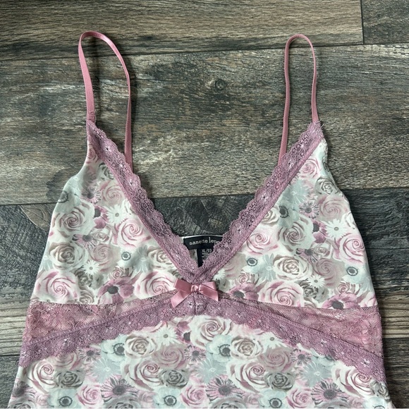Nanette Lepore Pink White Floral Lace Trim Nightgown/Cami Adjustable Straps XL - Picture 2 of 6